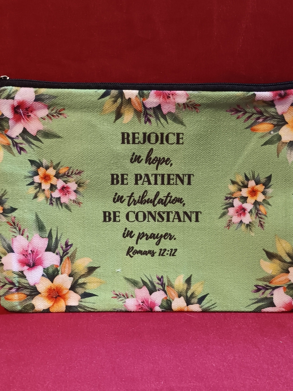 Floral Scripture Cosmetic Pouch - Green with Pink & Yellow Flowers